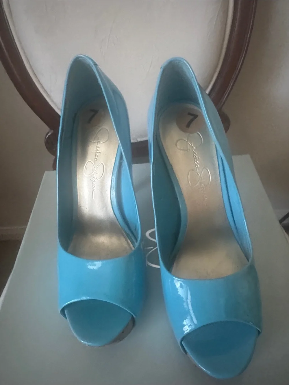 Jessica Simpson Glossy Turquoise Peep-Toe Cork Platform Pumps